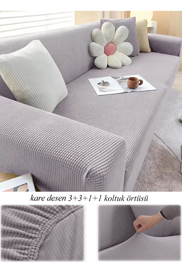 Streç Lastikli Esnek Yikanabilir Kare Desen Berjer Kotuk Örtüsü Takımı 3+3+1+1 - 1