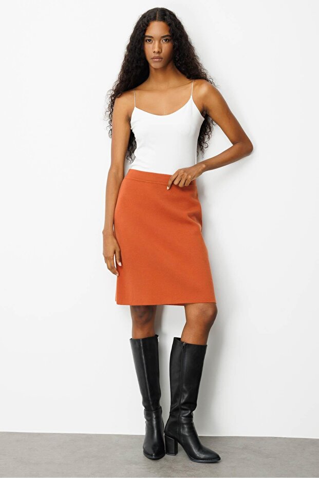 Kadın Triko Düz Basic Etek Kiremit - 5