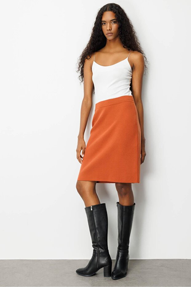 Kadın Triko Düz Basic Etek Kiremit - 3