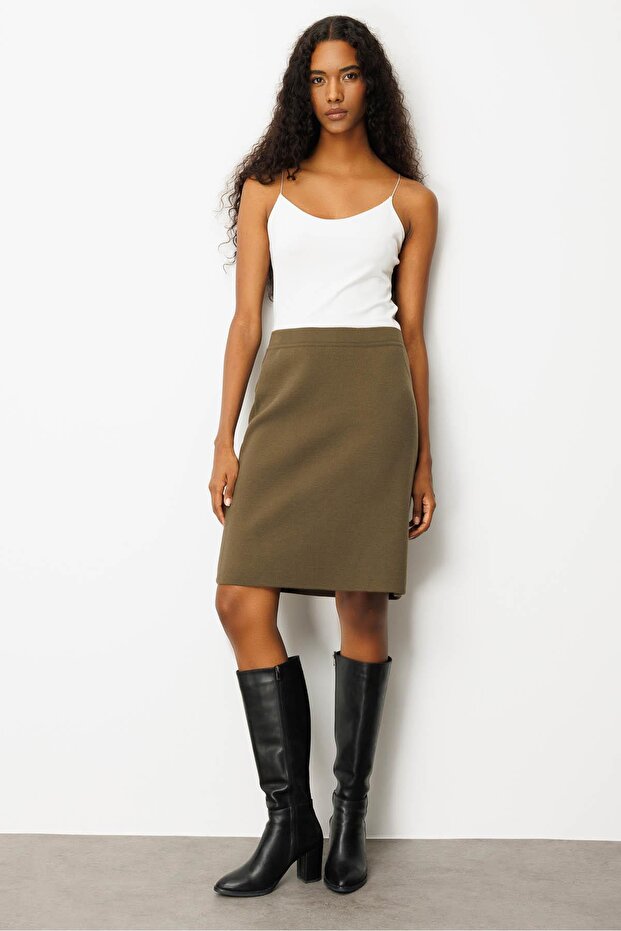 Kadın Triko Düz Basic Etek Haki - 4