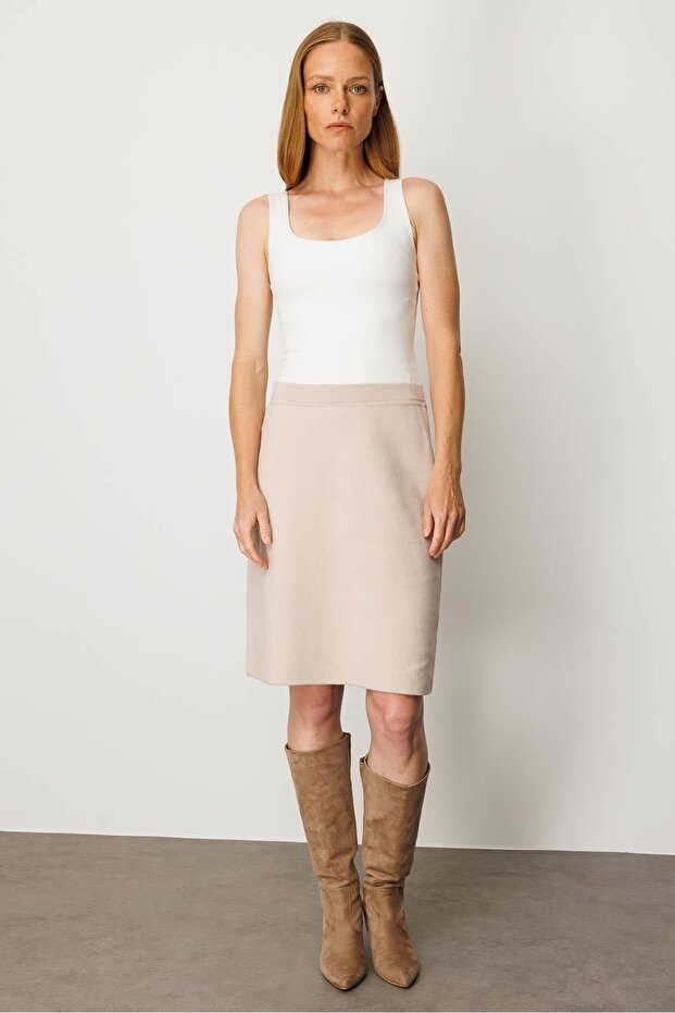 Kadın Triko Düz Basic Etek Bej - 1