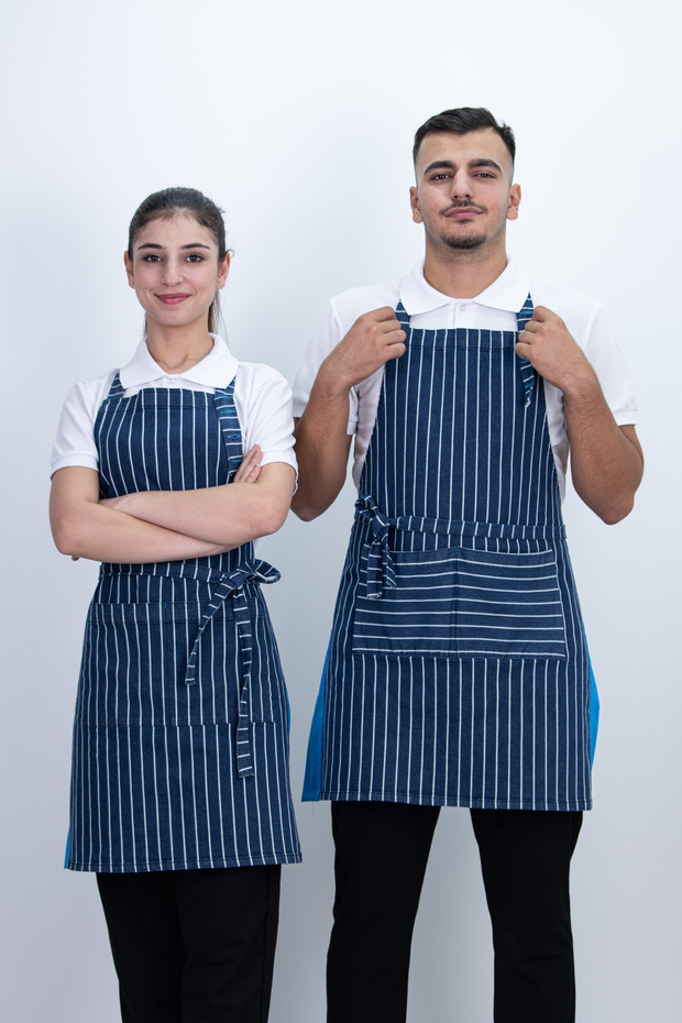Striped Apron with Pockets and Adjustable Back Lacing