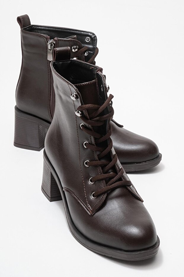 Women's Heeled Hook-And-Loop Lace-Up Boots Brown Leather