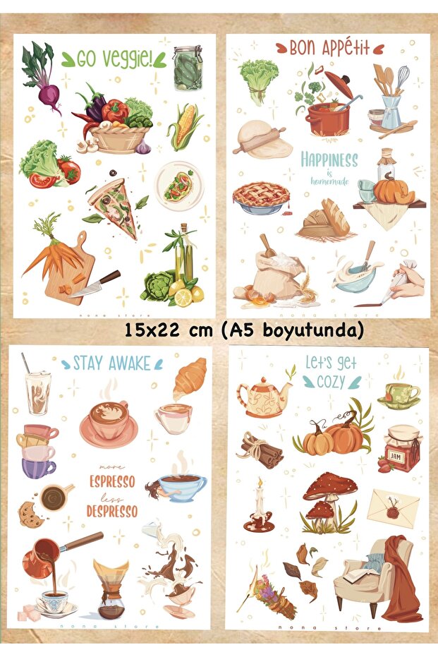 NONA A5 Boyut 22 Adet Sticker Sayfası / Kuşe ve Şeffaf Sticker / Bullet Journal