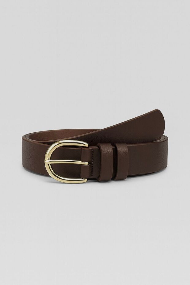 Women's Faux Leather Belt Gold Oval Buckle Brown