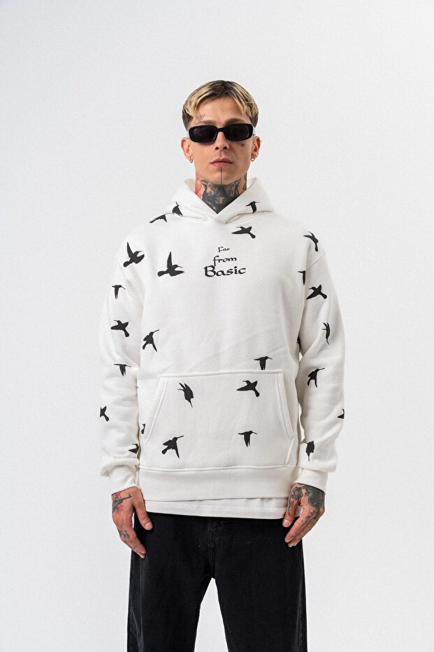 Чоловічий худі з принтом Far From Basic, з капюшоном, оверсайз, екрю - 1