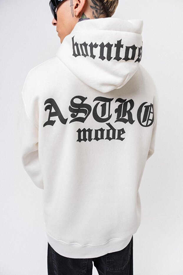 Men's Astro Mode Printed Hooded Oversize Hoodie Ecru - 5