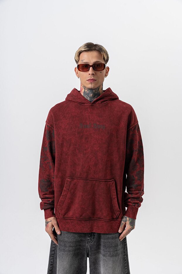 Men's Root Deep Printed Washable Hooded Oversize Hoodie Burgundy