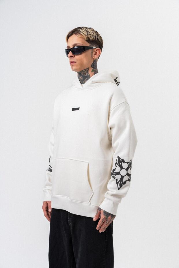 Men's Astro Mode Printed Hooded Oversize Hoodie Ecru - 3
