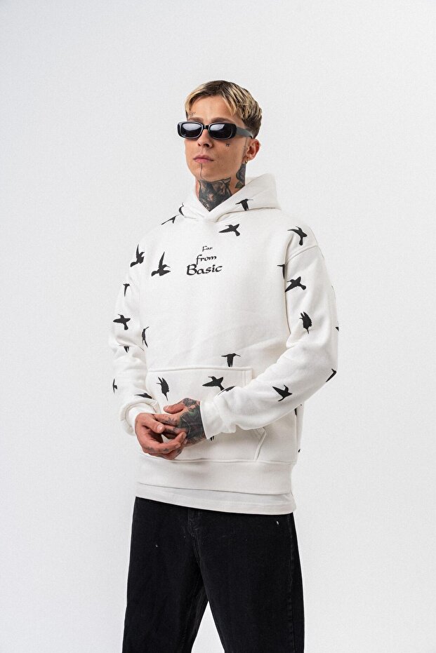 Чоловічий худі з принтом Far From Basic, з капюшоном, оверсайз, екрю - 4