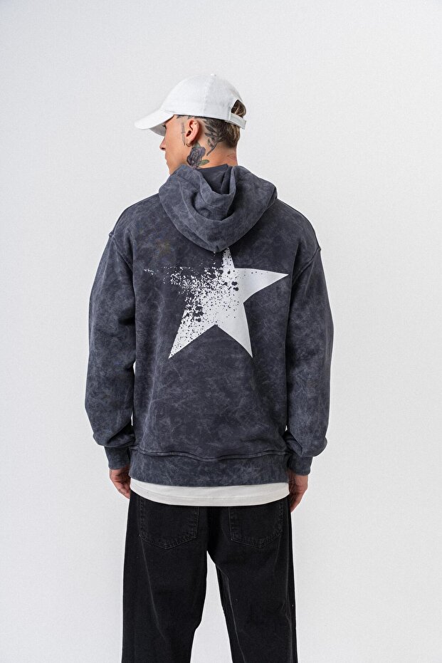 Men's Star Printed Washable Hooded Oversize Hoodie Black