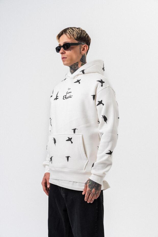 Чоловічий худі з принтом Far From Basic, з капюшоном, оверсайз, екрю - 2