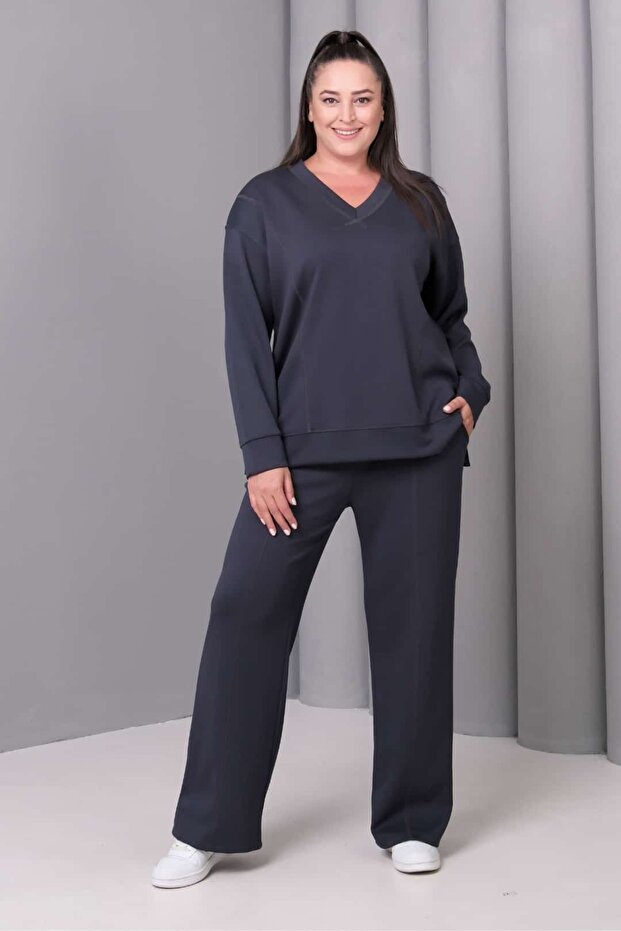 Women's Plus Size Elastic Waist V-Neck Pocketed Sport Casual Tracksuit Set