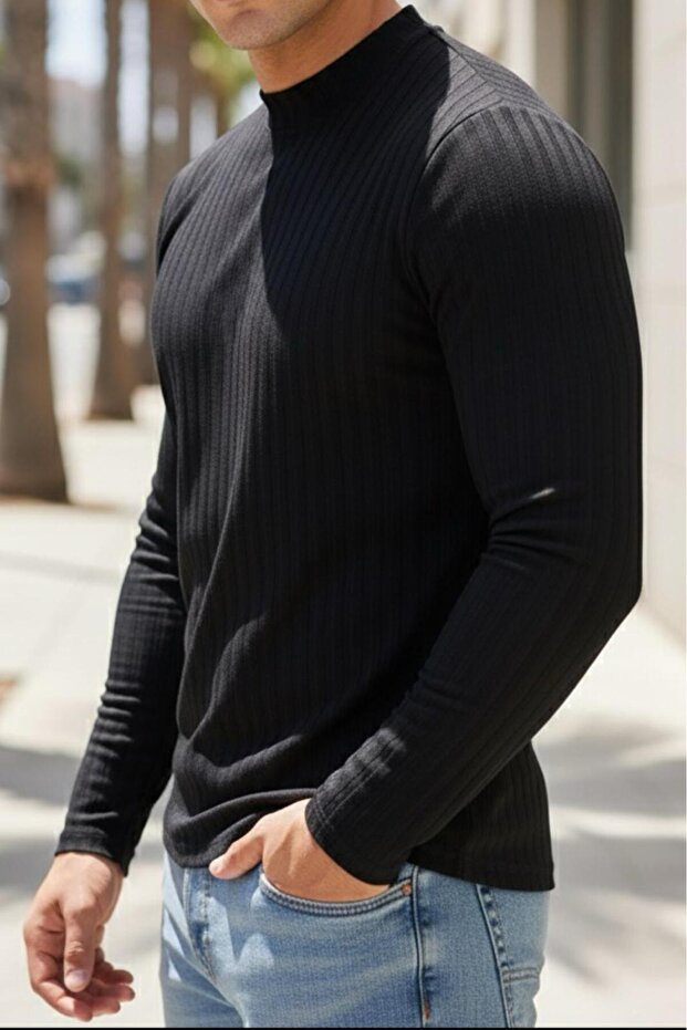 Monz Ribbed Slim Fit Lycra High Collar Men's Long Sleeve T-Shirt