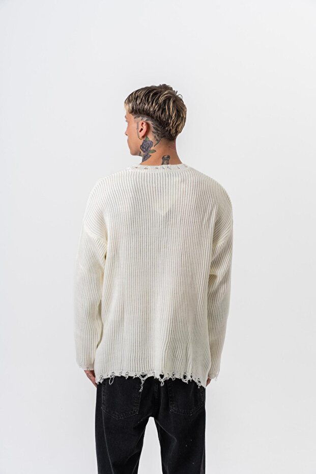 Erkek Dokulu Örme Triko Ekru - 4