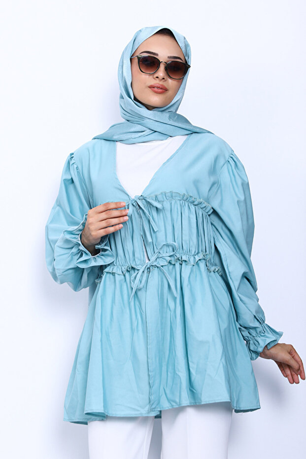 Mint Front Tie Ruffled Kimono