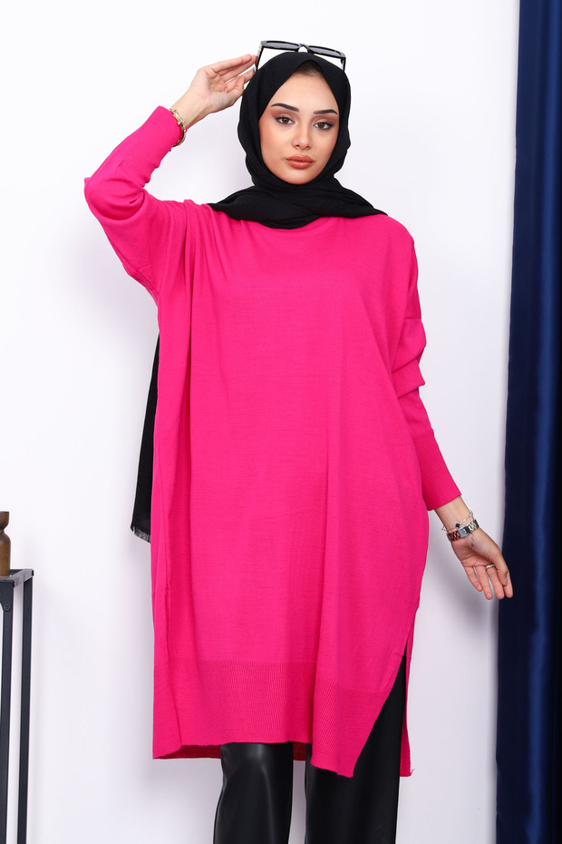 KOYU FUŞYA Bisiklet Yaka Merserize Salaş Triko Tunik - 3