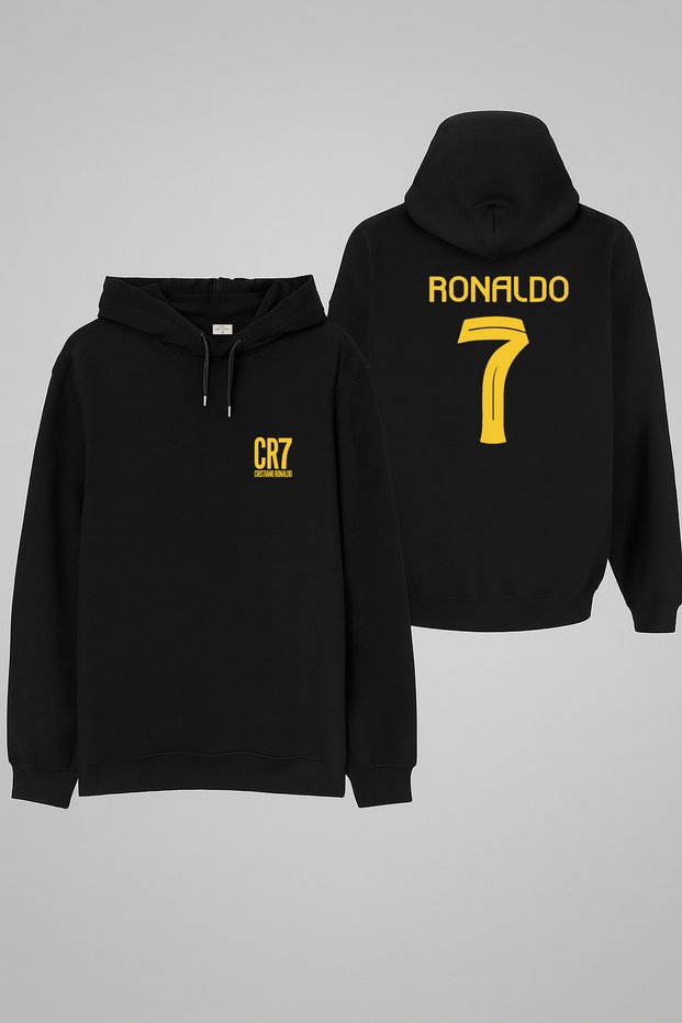 Football Player Ronaldo Printed Boys' Black Hooded Sweatshirt Hoodie