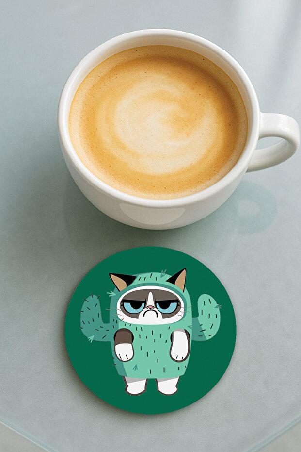Round Plexiglass Coaster with Printed Pattern Single Cactus Cat - 1