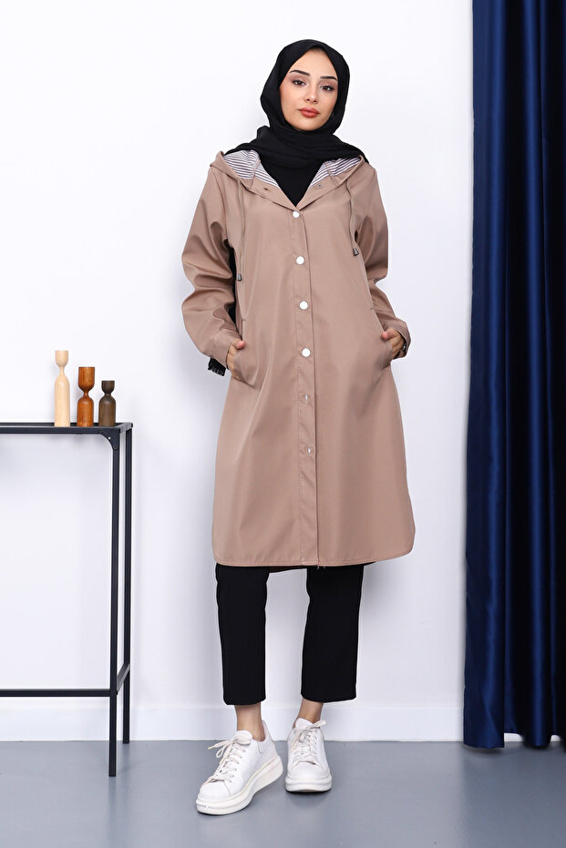Mink Hooded Trench Coat with Button Detail