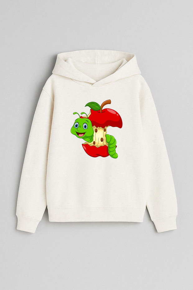 Apple Kurdu Printed Ecru Girls Boys Hooded Sweatshirt