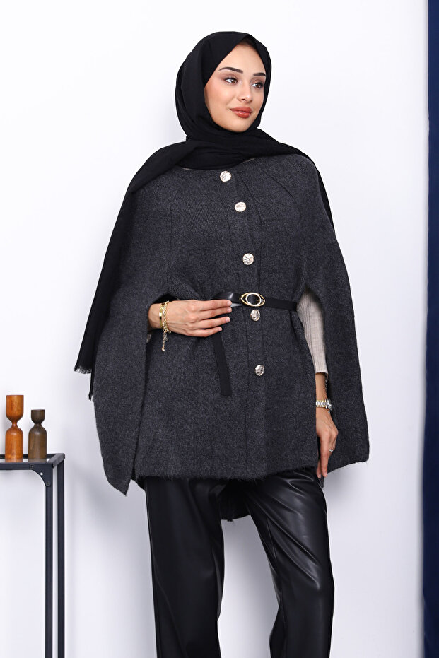Anthracite Belted Knitted Poncho