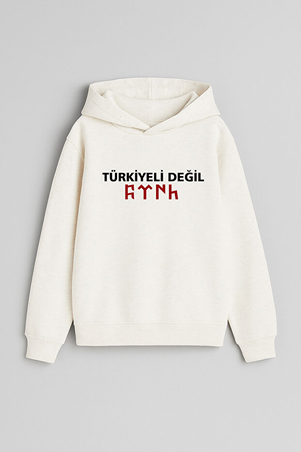 Not Turkish, Turkish Printed Ecru Hooded Sweatshirt for Girls and Boys