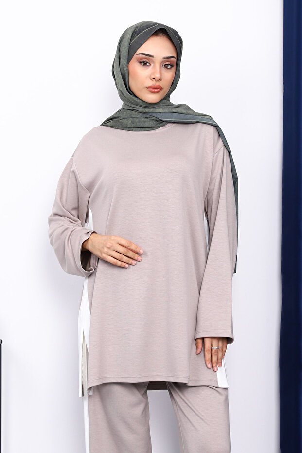 Light Mink Color Block Modal Tunic Trouser Set - 3