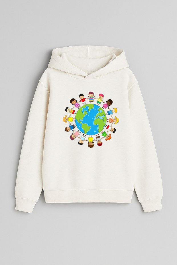 World Children Printed Ecru Girls and Boys Hooded Sweatshirt