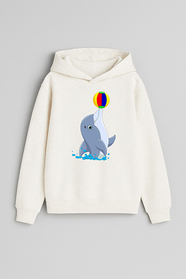 Seal Printed Ecru Girls Boys Hooded Sweatshirt