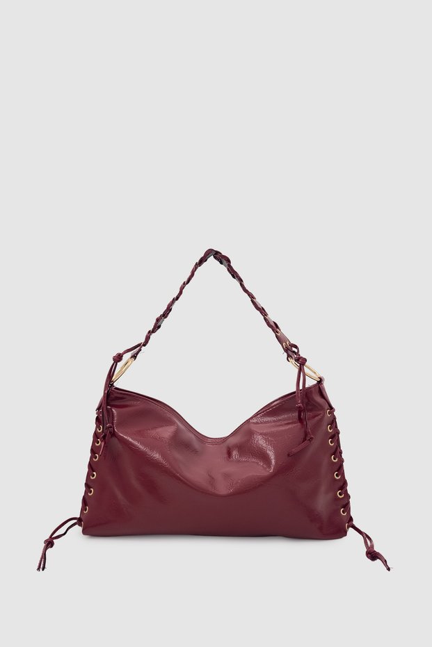 Rosua Tassel and Lace Detailed Ringed Hobo Shoulder Bag Burgundy