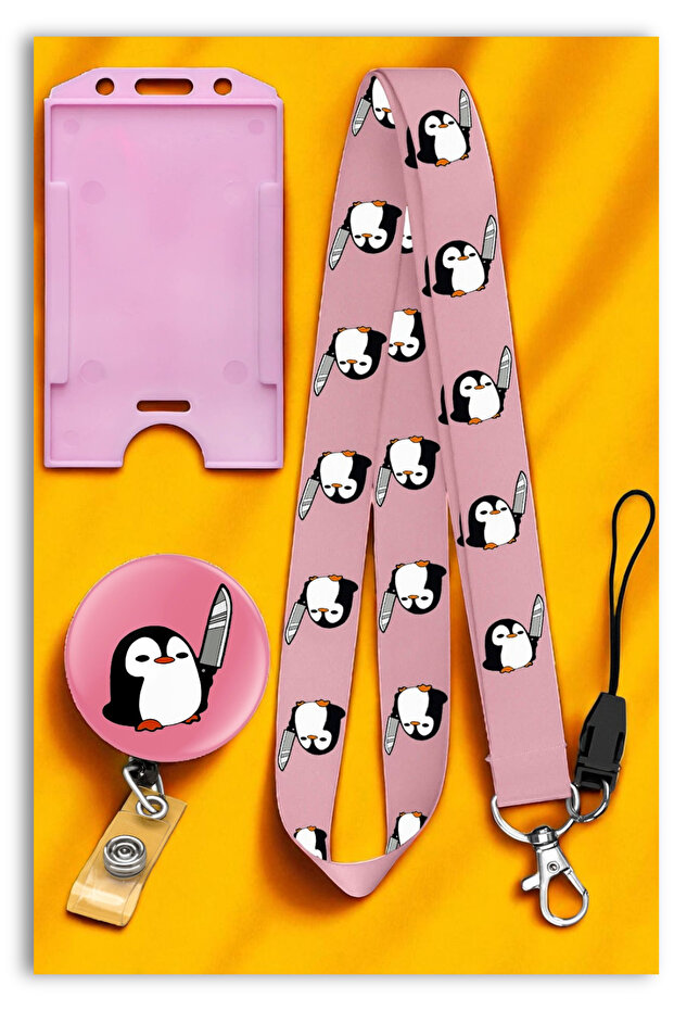 Pembe Penguen 3lü Set Boyun Askı İpi Pembe Penguen Yoyo Dikey Kartlık ASK00148 - 1