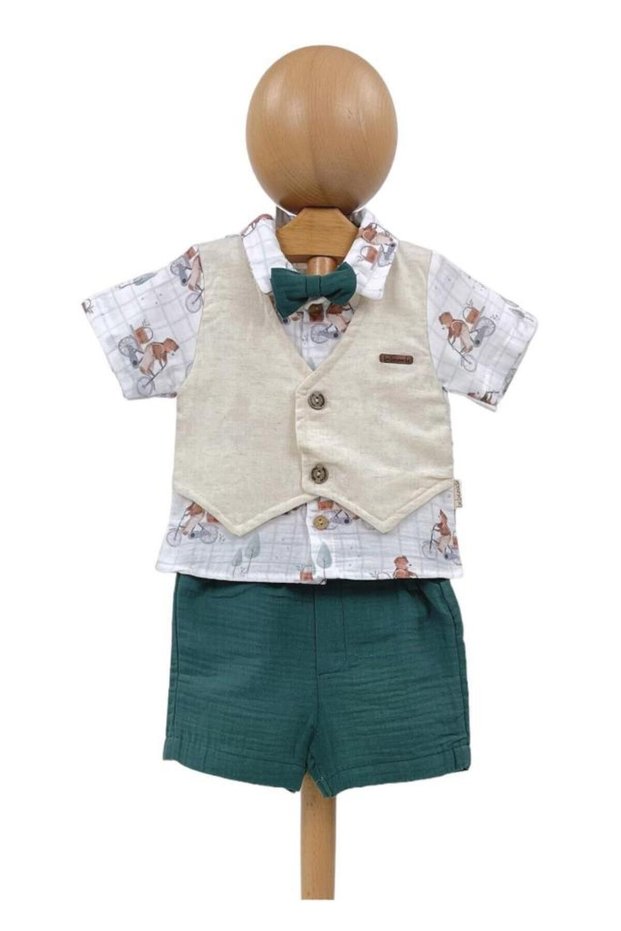 Muslin Patterned White Shirt, Cream Vest, Green Bow Tie and Shorts 4-Piece Baby Boy & Kids Set