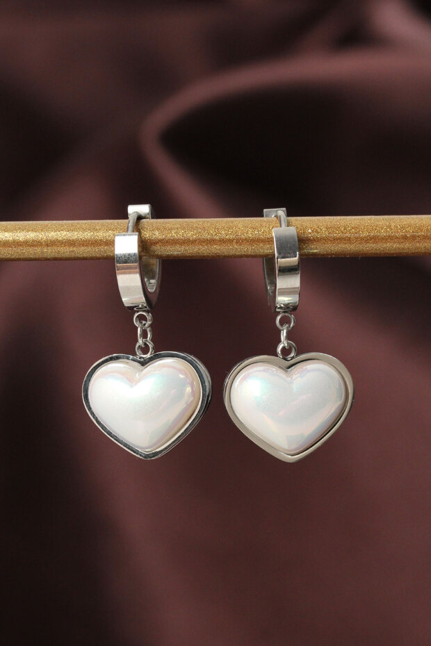 Silver Color White Convex Heart Earrings - Ebj250920W37814
