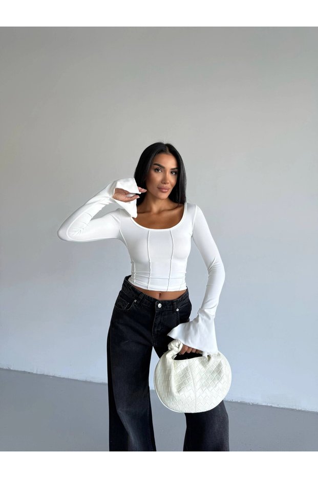 Women's White Long Sleeve Tie Back Fit Cut Crop Blouse Hzl25W-Fry122771