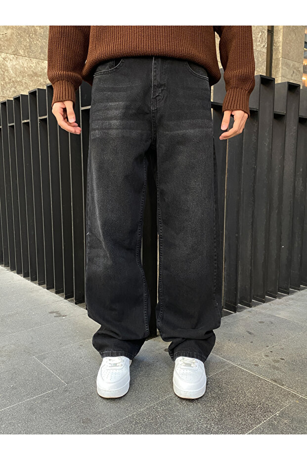 Yıkamalı Siyah Basic Baggy Jean - 1