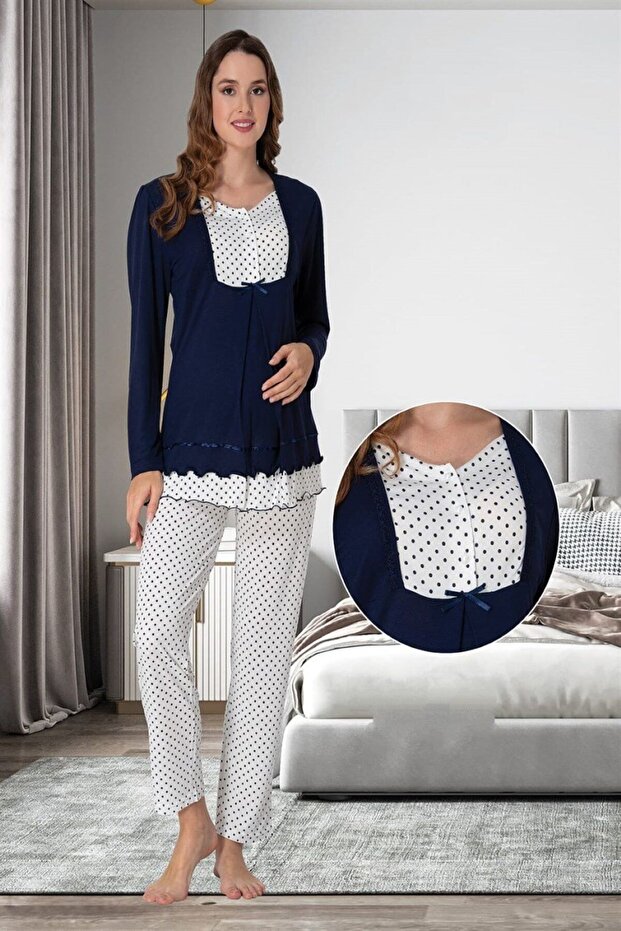 Women's Navy Blue Polka Dot Special Design Maternity Nightwear Set