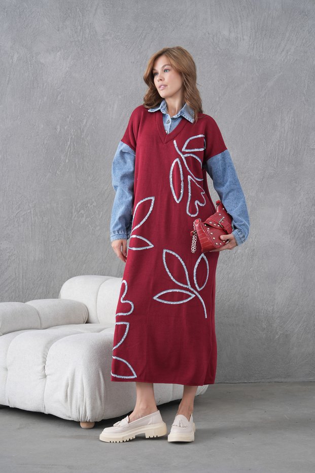 Women's Sleeves Denim Front Glass Pearl and Sequin Embroidered Wide Fit Long Knitwear Dress