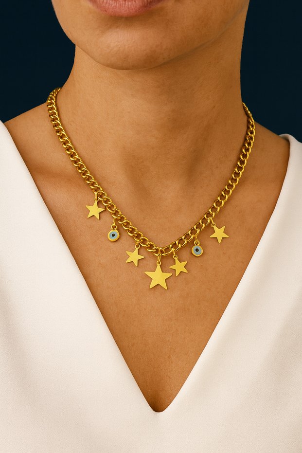 Zircon Necklace with Star and Evil Eye Bead Detail