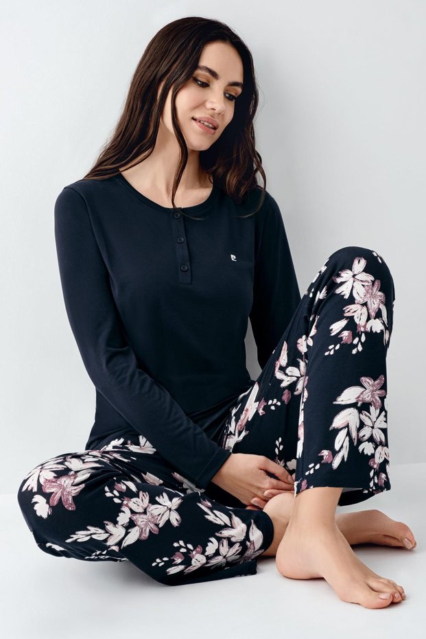 Women's Seasonal Long Sleeve Crew Neck Button Navy Blue Pajama Set, 50% Cotton 50% Modal