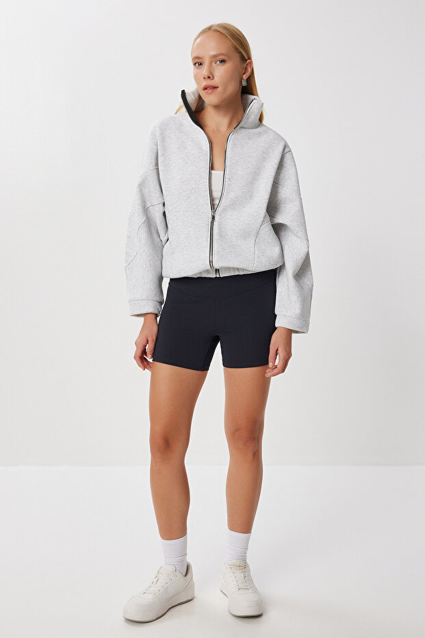Zippered Ribbed Knitted Sweatshirt Lzv0029 Gray Melange