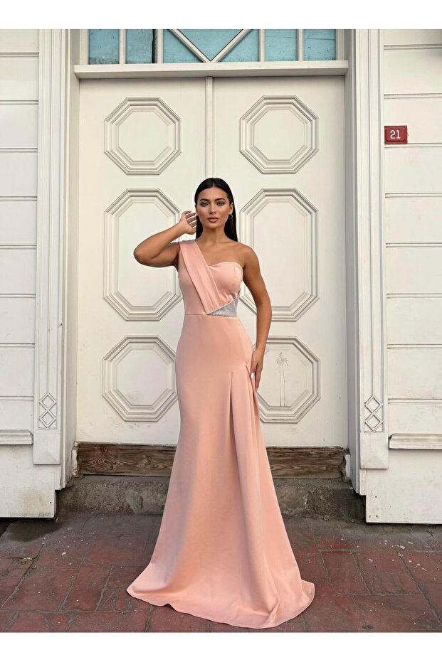 Flexible Scuba Fabric Front Stone Detailed Evening Dress 583324 Pudra