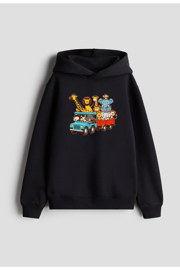 Animal Kingdom Printed Girls Boys Black Hooded Sweatshirt Hoodie