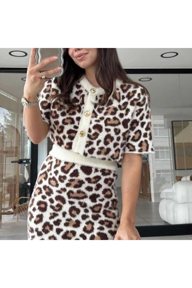 Women's Leopard Print Soft Knitwear Two-Piece Set – Short Sleeve Cardigan & Skirt