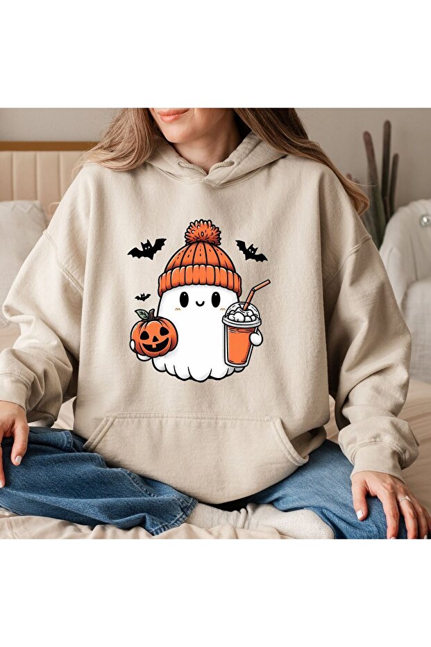 Women's Sweet Ghost Printed 3-Thread Inner Lined Hooded Sweatshirt