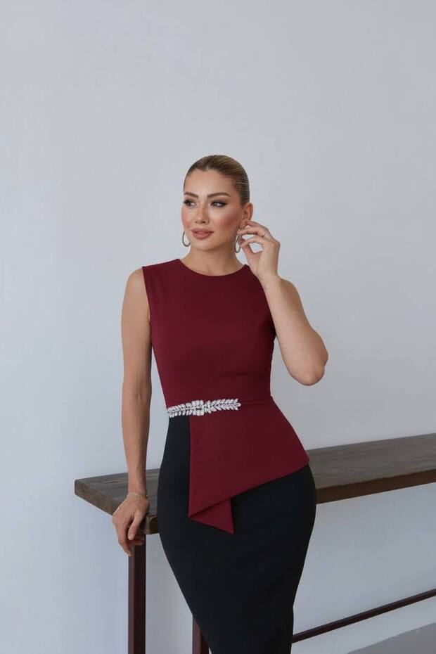 Women's Asymmetric and Stone Detail Evening Dress