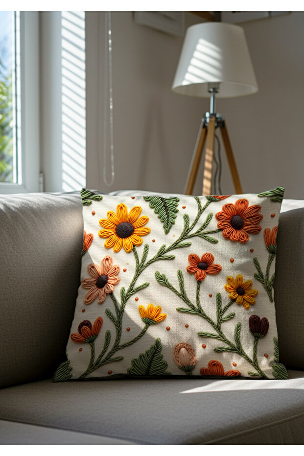Punch Embroidery Pattern Digital Printed Yellow Orange Autumn Themed Cushion Cover 1 Piece