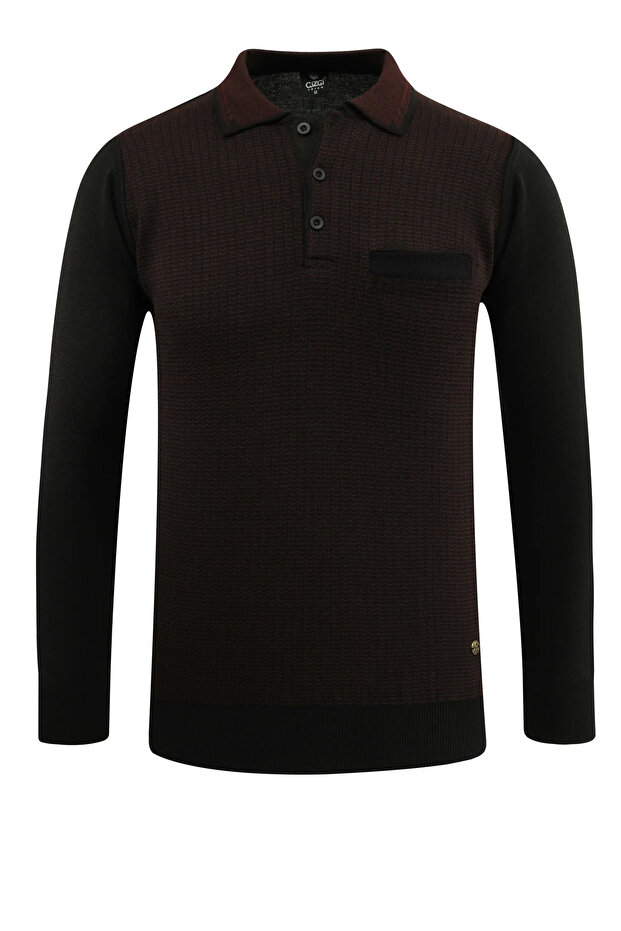 Men's Polo Neck Black Sweater with Pockets Patterned Steel Knit Classic Fit - 5205F