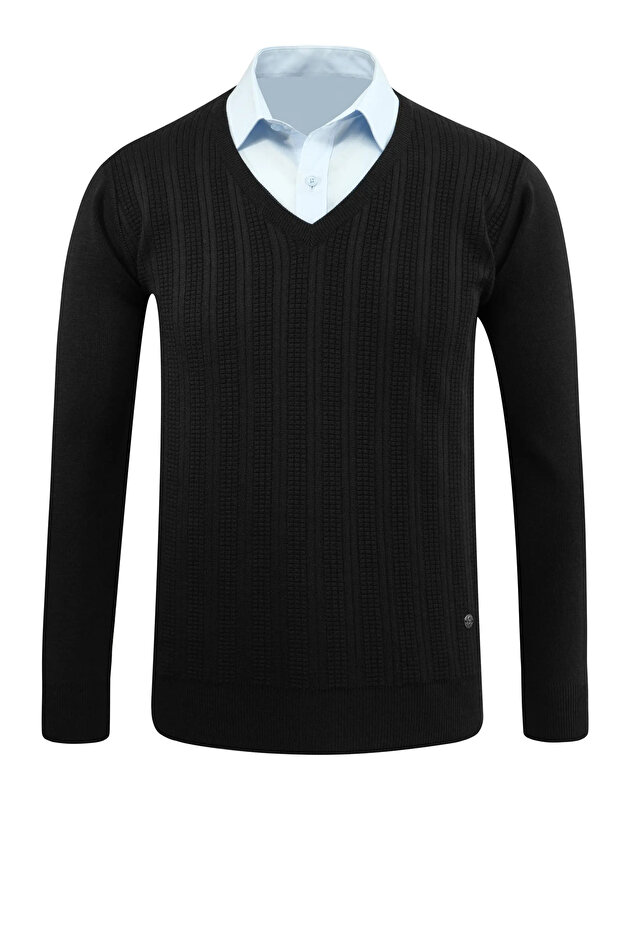 Men's V-Neck Knitwear Black Sweater Steel Knit Pattern Classic Fit - 5209D