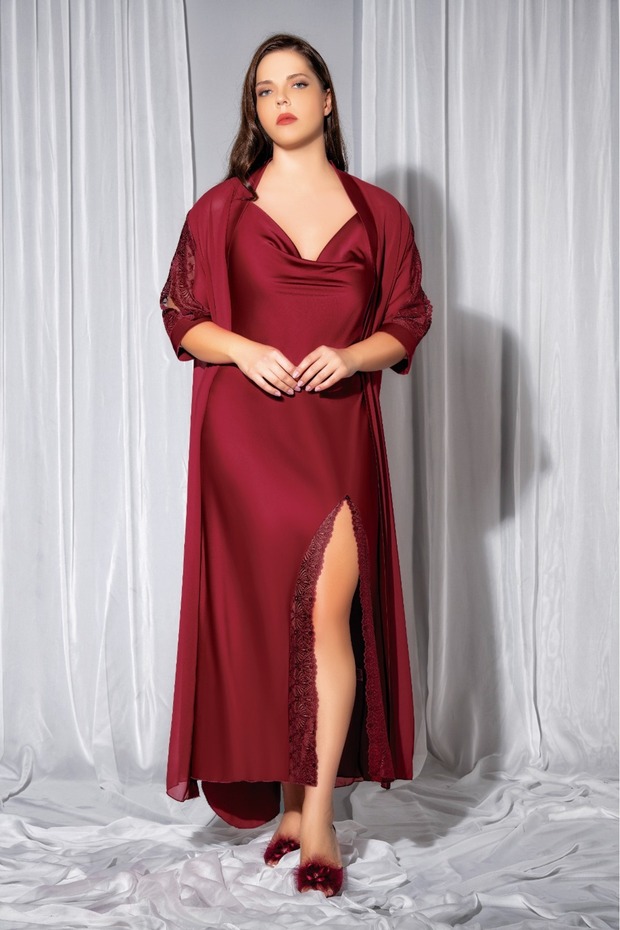 Lace Burgundy Plus Size Long Nightgown Dressing Gown Set